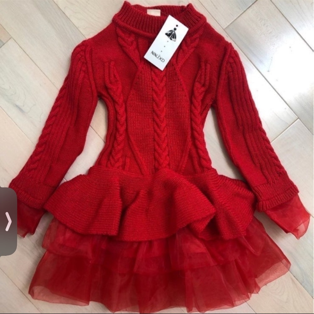 red knit dress tulle trim girls